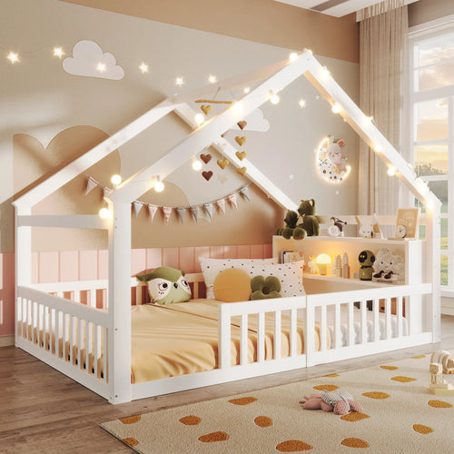Lit cabane Montessori L'Étoile 140×190 blanc avec barrières et étagères dans une chambre d'enfant