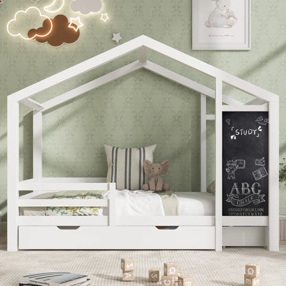 Lit cabane L'Ardoise avec tableau à craie et tiroirs